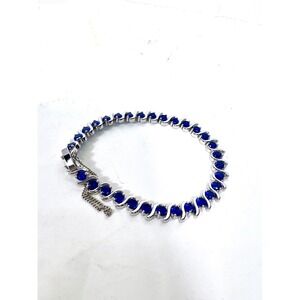 FAC Blue Sapphire S-Link Tennis Bracelet Silver Tone‎ 7.5 Inch Safety Chain